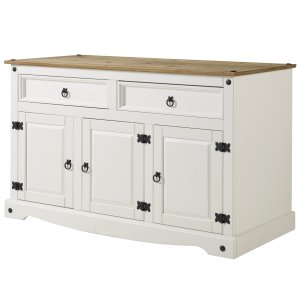 Balcão Buffet de Madeira Maciça com 3 Portas e 2 Gavetas Branco Lavado