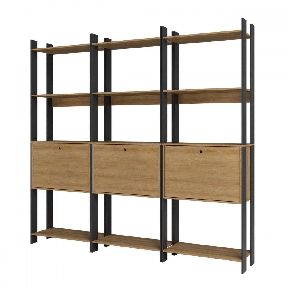 Estante para Livros Barcelos 3 Portas 9 Prateleiras Mel/preto - Pnr Móveis