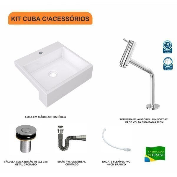 Kit Cuba XQ395 Torneira Pratika 1060 Metal Válvula Click 1 Polegada B Sifão Cromado Flexível Compace - 3