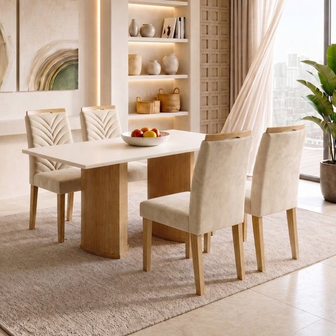 Conjunto de Mesa de Jantar 4 Lugares Isla e Carol 120x80cm MDF Cinamomo Off White