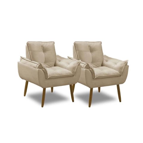 Kit 2 Poltronas para Sala Decorativa Opala Pés Madeira Suede Bege Império Decor