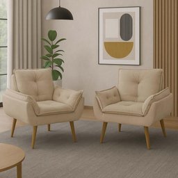 Kit 2 Poltronas para Sala Decorativa Opala Pés Madeira Suede Bege Império Decor - 2