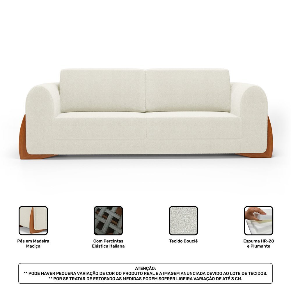 Kit 02 Poltronas e 01 Sofá Bloom 180cm 02 Lugares com Pés de Madeira Bouclê Off White - Desk Design - 7