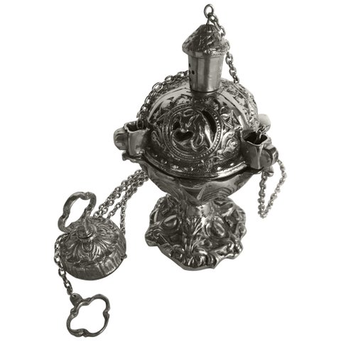 Turíbulo Sacro Incensário Defumador Artesanal Metal Bronze - Prata