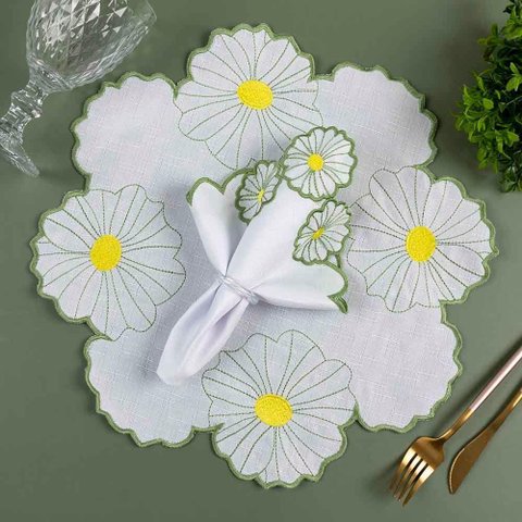 Kit 12 Jogos Americanos Guardanapos de Mesa Redondo Bordado Geovana Margarida - Branco