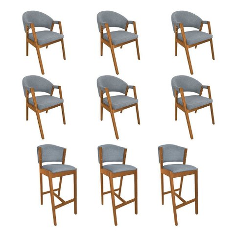Kit 6 Cadeiras de Jantar Helen Madeira Maciça com 3 Banquetas Ana Cerejeira Premium Linho Cinza