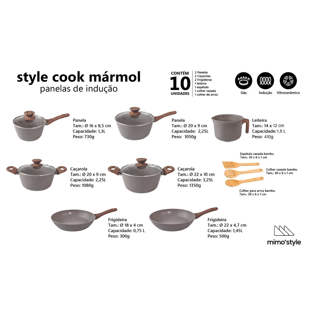 Jogo de Panela Ceramica Antiaderente Indução Mimo Style Cook Grafito 10 Peças Panelas e Utensílios - 10