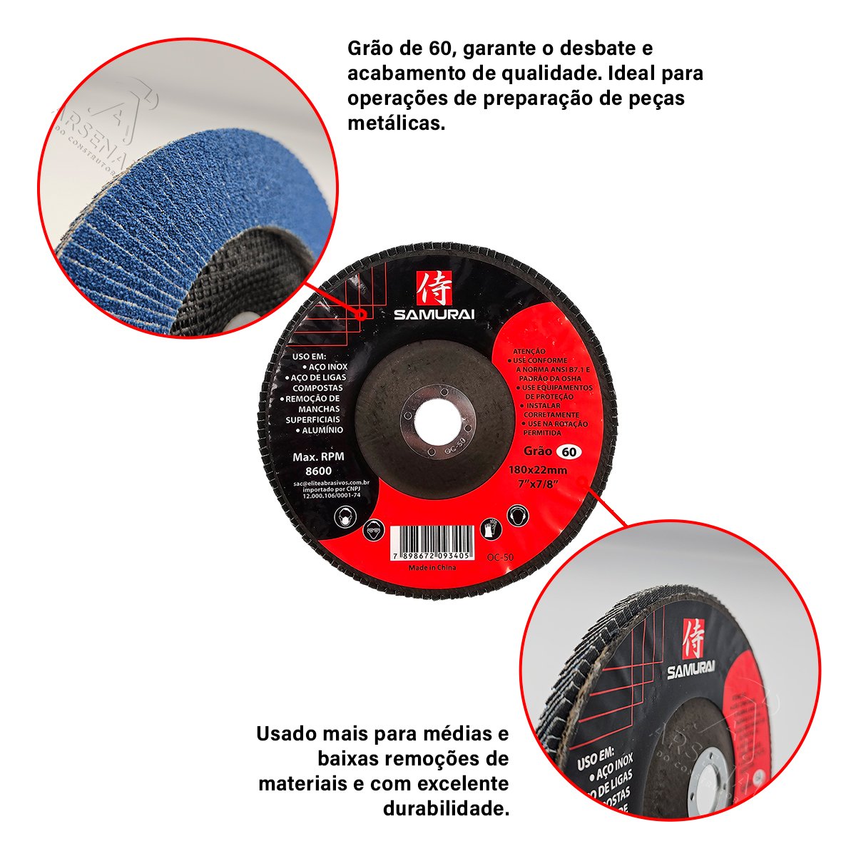 Kit 10 Discos de Lixa Flap de Fibra 180mm 7” Grão 60 - 4