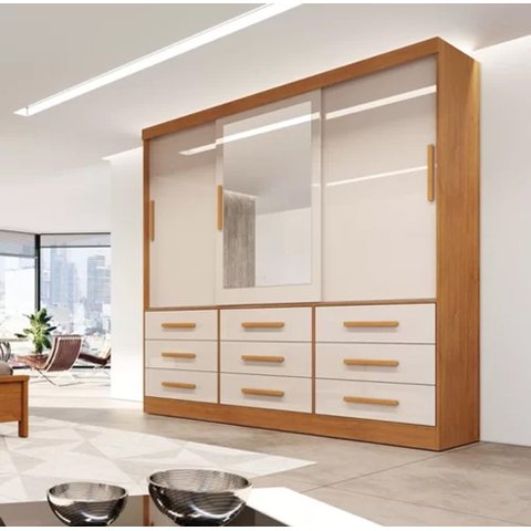 Guarda Roupa Casal 3 Portas de Correr 9 Gavetas Turim Bianchi Móveis - Nature/Off White