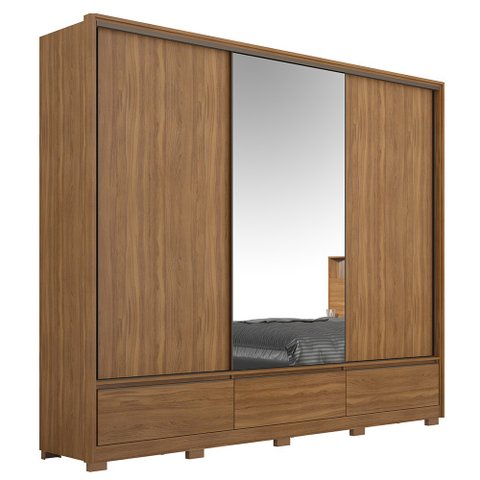 Guarda-Roupa Roupeiro de Casal Beatrice com Pés com 3 Portas de Correr com Espelho Amêndola