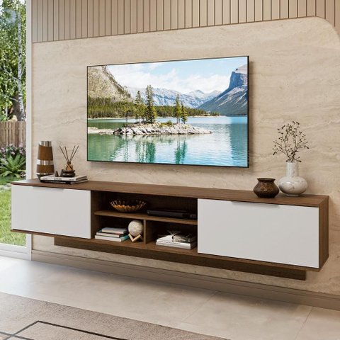 Rack Suspenso para TV até 80 Polegadas 218 cm 2 Portas Rustic/Branco Stella Madesa