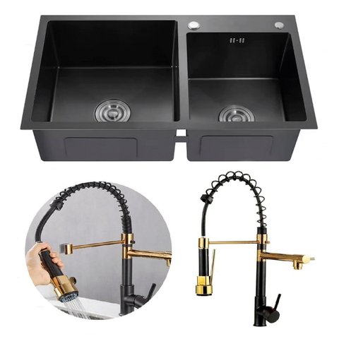 Kit Cuba Pia Gourmet Dupla Preta Aço Inox e Torneira Flexível Brinovar