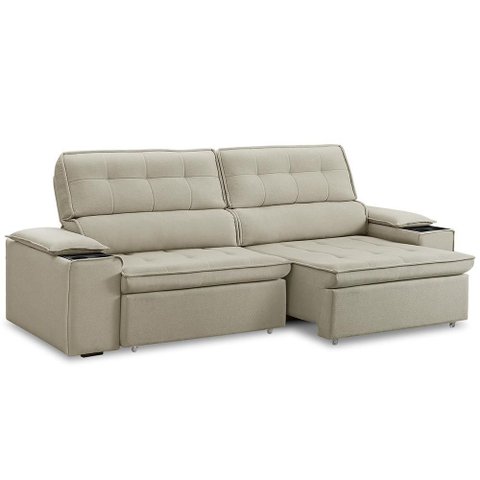 Sofá Retrátil Reclinável 3 Lugares Sala de Estar 255cm Bilac F04 Linho Bege - Lyam Decor