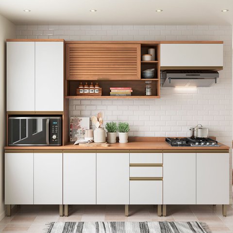 Cozinha Ripada com Tampo 7 Peças 270cm Macadâmia Telasul