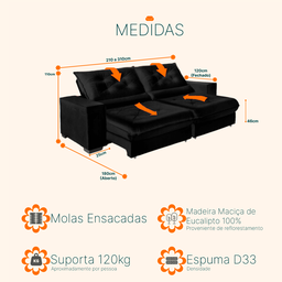 Sofá Retrátil e Reclinável 2,10m Suede Cancún Preto - 3