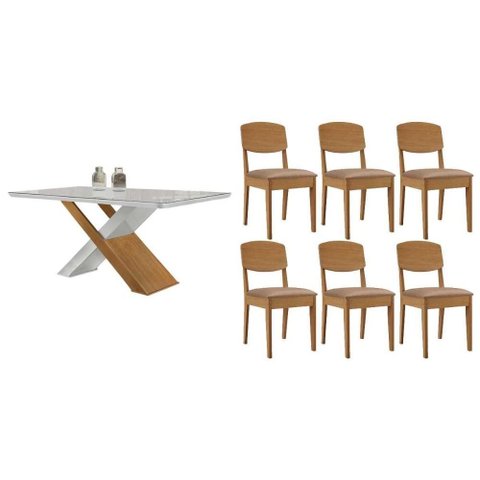 Conjunto: Mesa Sala Jantar Imperatriz Curvo 180cm + 6 Cadeiras Havana Naturale/off White - Linho