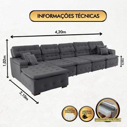 Sofá Orlando 4.20x2.10m com Chaise, Retrátil e Reclinável - Chumbo - 5