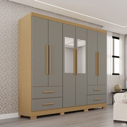 Guarda-roupa Casal Balder Premium 6 Portas 4 Gavetas com Pés e Espelho Jequitibá/granizo - Pnr Móvei