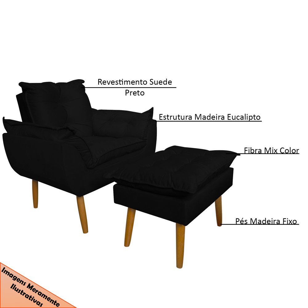 Conjunto Decorativo Poltrona com Puff Opala Suede Preto - Montanaris Decor MD MONTANARIS DECOR - 5