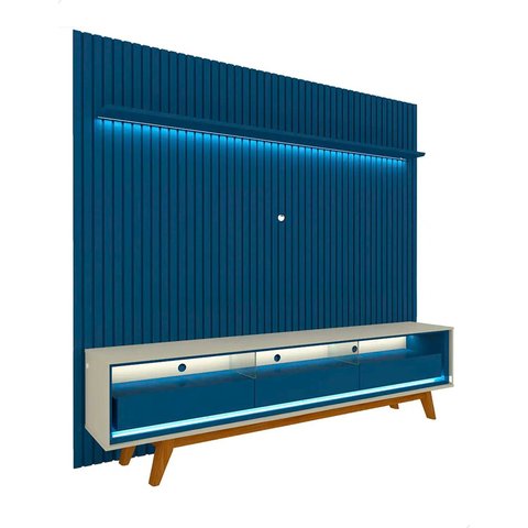 Conjunto Painel Ripado Tv até 75 e Rack Pés Madeira Duque Cor:azul Royal