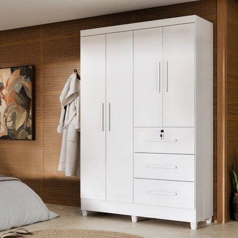 Guarda-Roupa 4 Portas com 3 Gavetas e Chave Moderno para Quarto Casal Solteiro Mumbai Branco