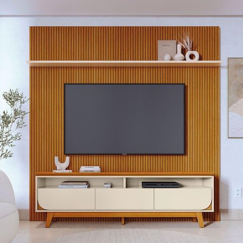 Kit Luna Painel Piso-Teto Ripado Bancada 3 Gavetas MDP Cinamomo e Off White Pallazio