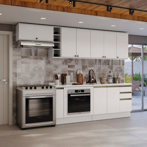 Armário de Cozinha Completa 3 Gavetas 100% Mdf 300cm Branco Celeste Kappesberg