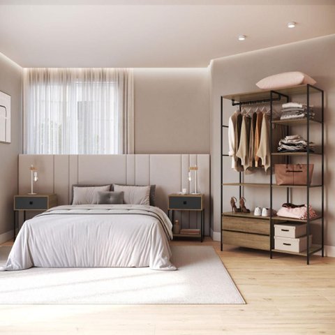 Guarda Roupa Closet com Gavetas 100cm 6 Prateleiras e 2 Mesas de Cabeceira Cor:mel com Grafite