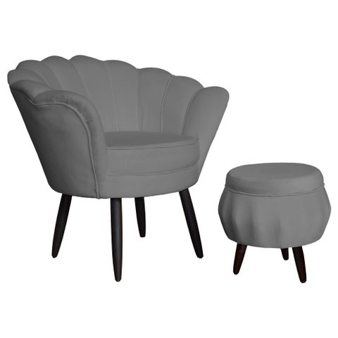 Jogo Poltrona Estofada Com 1 Puff Pés Palito Clínica Pétala Suede Cinza - LM DECOR