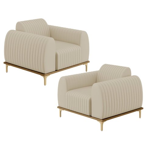 Kit 02 Poltronas Decorativas Base De Madeira Com Pés D'Ouro Molino D02 Corano Bege C-26 - Lyam
