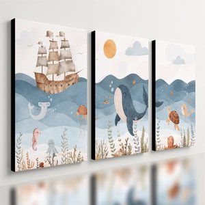 Kit 3 Quadro Decorativo Mar Infantil Quarto Criança Navio Qualidade Premium 28x20cm