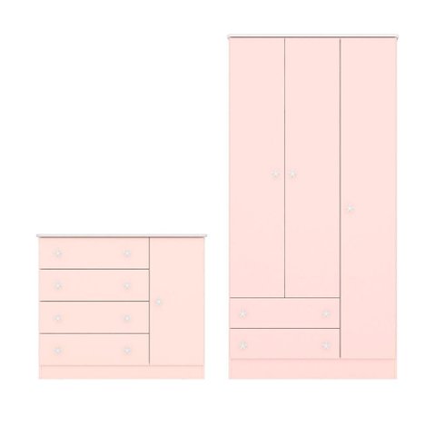 Quarto Infantil Lua Encantada Guarda Roupa e Cômoda Sapateira Rosa