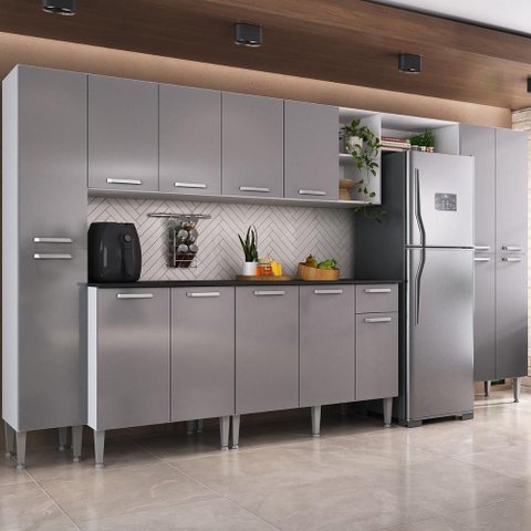 Armário Cozinha Modulada Completa 329,5cm Pequim Top Multimóveis Mp3755 Branco/lacca Fumê