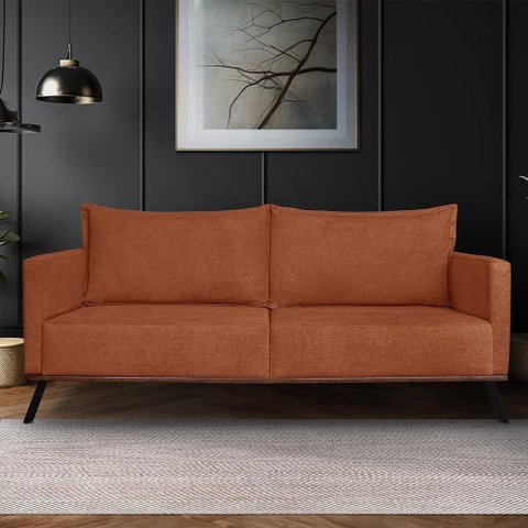 Sofá Living 2 Lugares com Pés de Ferro Almofadas Soltas 200cm Saiph Bouclê Terracota