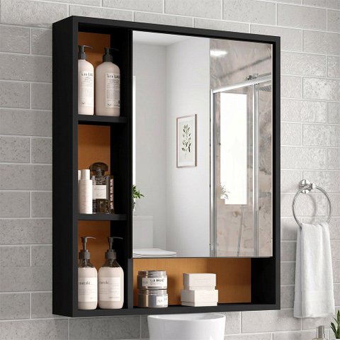 Armário Suspenso Espelheira Olimpia com 1 Porta para Banheiro Design Moderno - Preto/Naturale