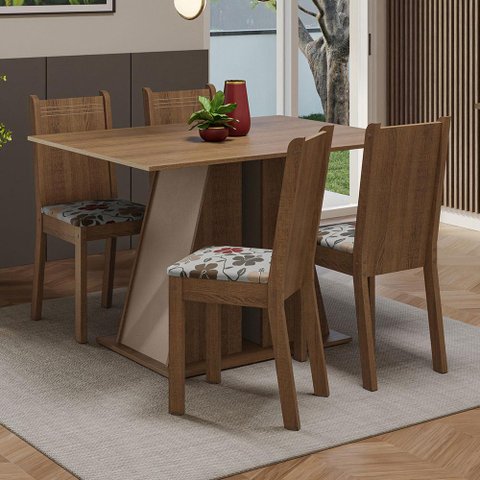 Conjunto Sala de Jantar Mesa Tampo de Madeira 4 Cadeiras Rustic/crema/hibiscos Marilyn Madesa