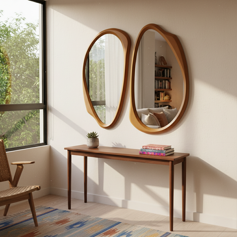 Kit 2 Espelhos Orgânicos Moldura Amadeirada MDF Specchio