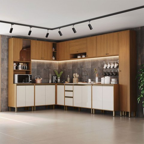 Cozinha Completa Venaly 20 Portas 2 Gavetas com Vidro Cinamomo/Off White - Henn