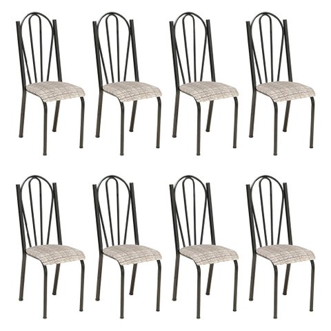 Kit 8 Cadeiras de Cozinha Alasca Estampado Rattan Pés de Ferro Cromo Preto - Pallazio