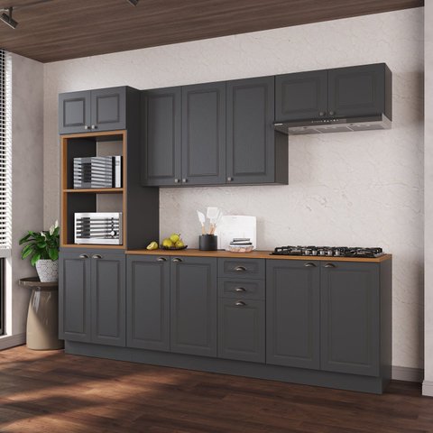 Cozinha Modulada 5 Peças Torre Quente 2 Balcões com Tampo 2 Aéreos 100% MDF com Rodapé Bari