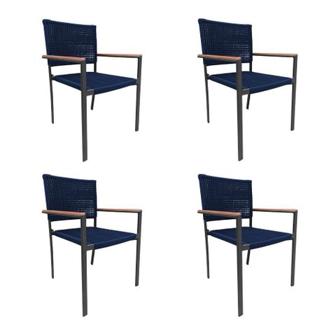 Kit 4 Cadeiras Piracicaba Corda Náutica Braço com Detalhe em Madeira Base Alumínio Preto/azul Marinh
