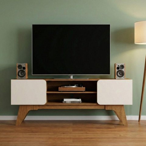 Rack Duetto para TV 65 160cm em MDF MDP com Pés Curvos Cinamomo Off White Artely