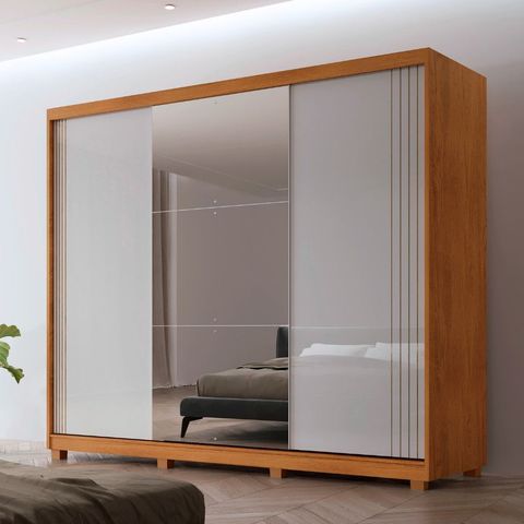 Guarda Roupa Casal Connor Mdf 3 Portas 4 Gavetas 6 Prateleiras com Espelho e Pés Moderna Mobília