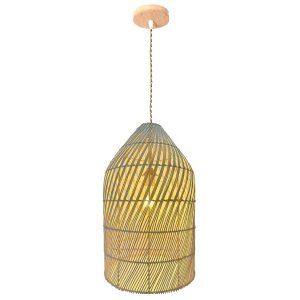 Pendente Gambier 50cm Madeira e Fibra de Rattan Cor Bambu 1l Bocal E27 Bivolt Iluminação Interna Rús
