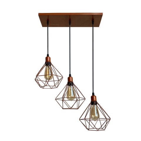 Trio Aramado Diamante Pequeno Poptem Canopla Múltipla Reta 43Cm Cobre Metal 19Cm Luminária Lustre Sa
