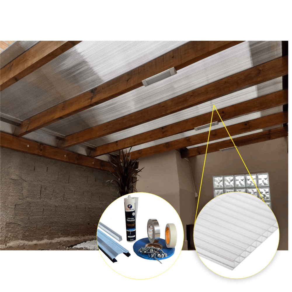 Cobertura Policarbonato Alveolar 7,00m x 6,00m - Cristal 4mm - 5