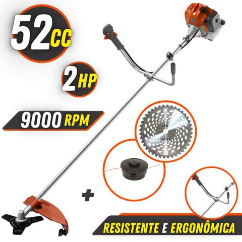 Roçadeira Tekna RL520 52cc 3 em 1 Com Lâmina 3 Pontas, Disco 40 Dentes e Carretel Nylon
