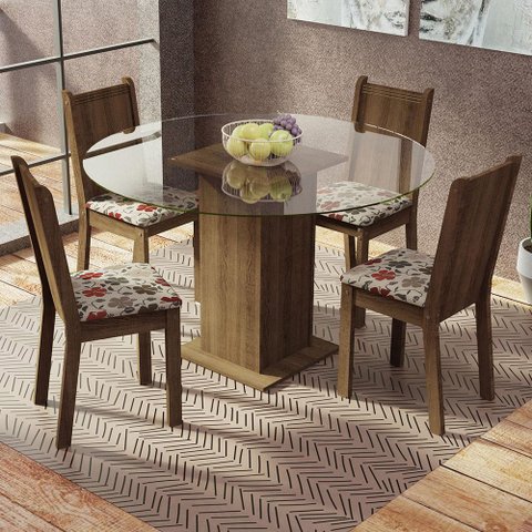Conjunto Sala de Jantar Madesa Paula Mesa Tampo de Vidro Redondo 4 Cadeiras - Rustic/hibiscos