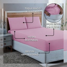 Kit Jogo de Lençol Casal 4 Peças 300 Fios Algodão Padrão com Elástico e Virol:rosa Bebe - 6