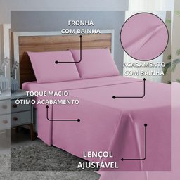 Kit Jogo de Lençol Casal 4 Peças 300 Fios Algodão Padrão com Elástico e Virol:rosa Bebe - 5
